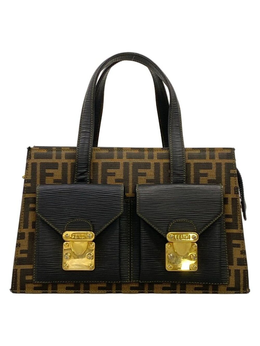 Fendi Handbag Zucca Pattern Black Brown Leather